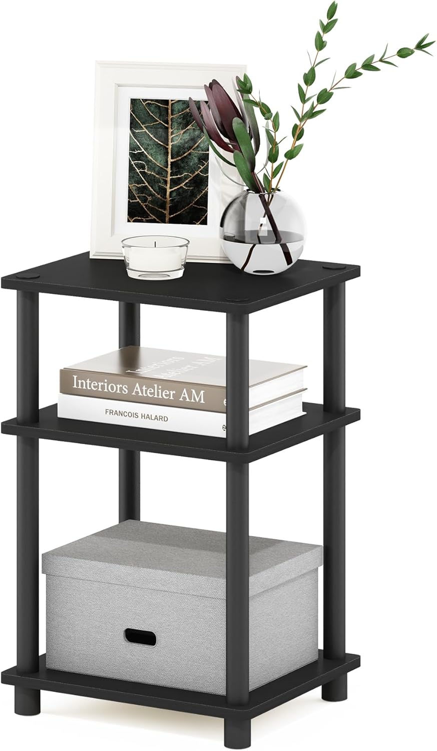 Furinno JUST Side Table, 3-Tier End Table, Open Shelves Night Stand, Bedside Table, Toolless Assembly, for Living Room, Bedroom, Bathroom, Americano