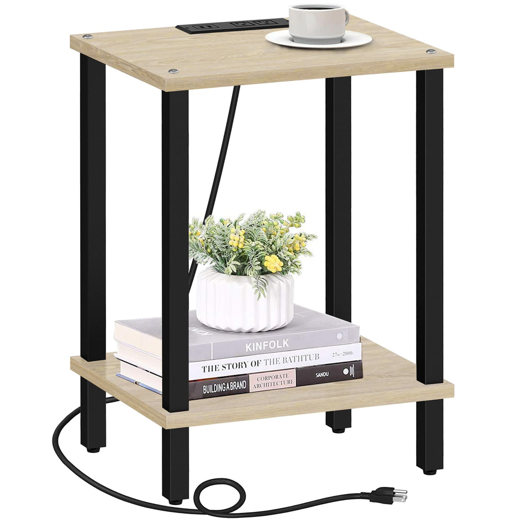 TUTOTAK End Table with Charging Station, Side Table with USB Ports and Outlets, Nightstand, 2-Tier Storage Shelf, Sofa Table for Small Space TB01BB040
