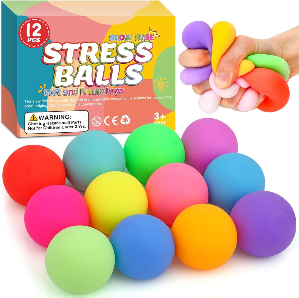 12 Pack Slow Rising Stress Ball,Stress Balls for Kids Adults,Stretchy Fidget Toys for Stress Relief,Hand Therapy Sensory Squishy Ball, Squishy Toys for Kids, Classroom Prize Box Party Favors
