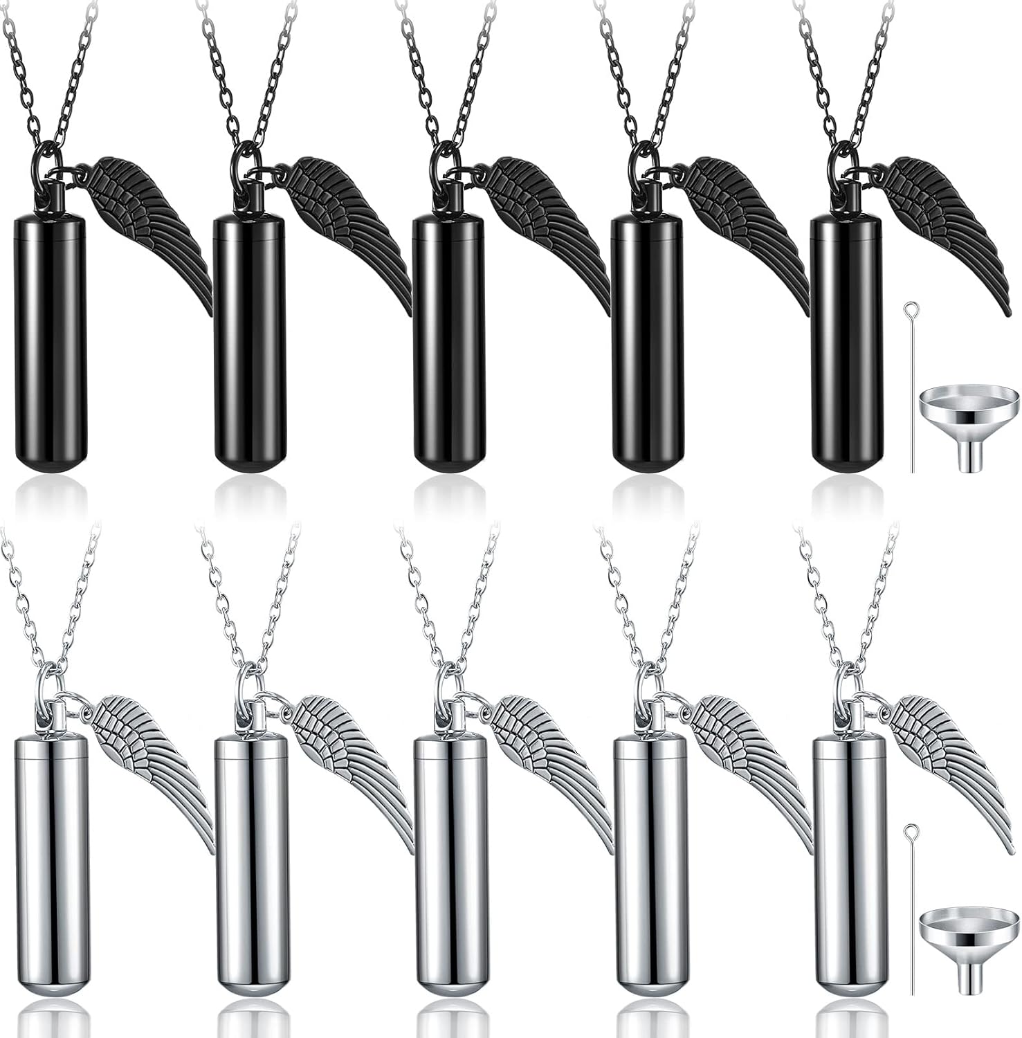 Kigeli 10 Pcs Cylinder Cremation Urn Necklace with Angel Wing Stainless Steel Memorial Keepsake Pendant Cremation Necklaces for Ashes for Women Men Urn Jewelry Sets Keepsake Necklace with Filling Kit