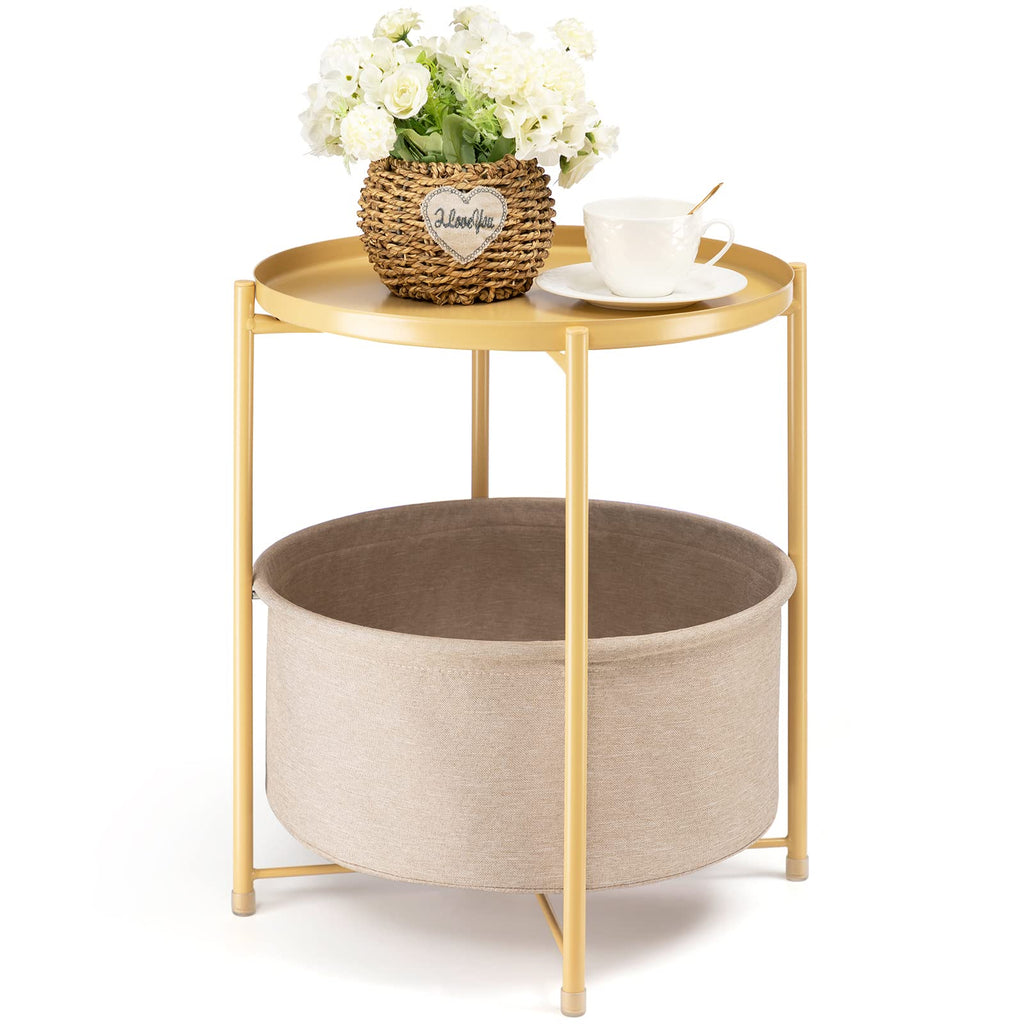 danpinera Round Side Table with Fabric Storage Basket, Metal Side Small Bedside Table Nightstand with Removable Tray Top for Living Room, Bedroom, Nursery, Laundry, Gold