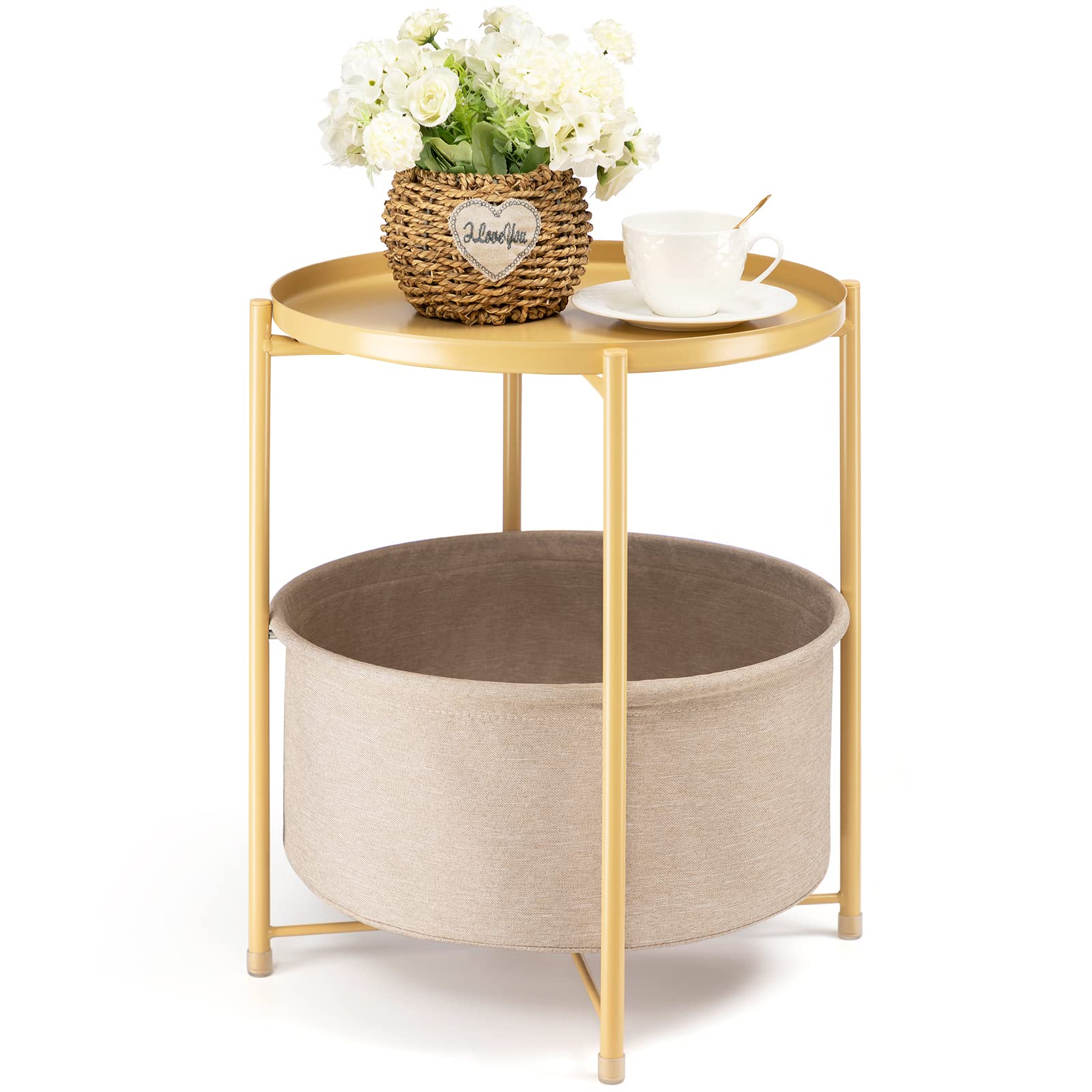 danpinera Round Side Table with Fabric Storage Basket, Metal Side Small Bedside Table Nightstand with Removable Tray Top for Living Room, Bedroom, Nursery, Laundry, Gold