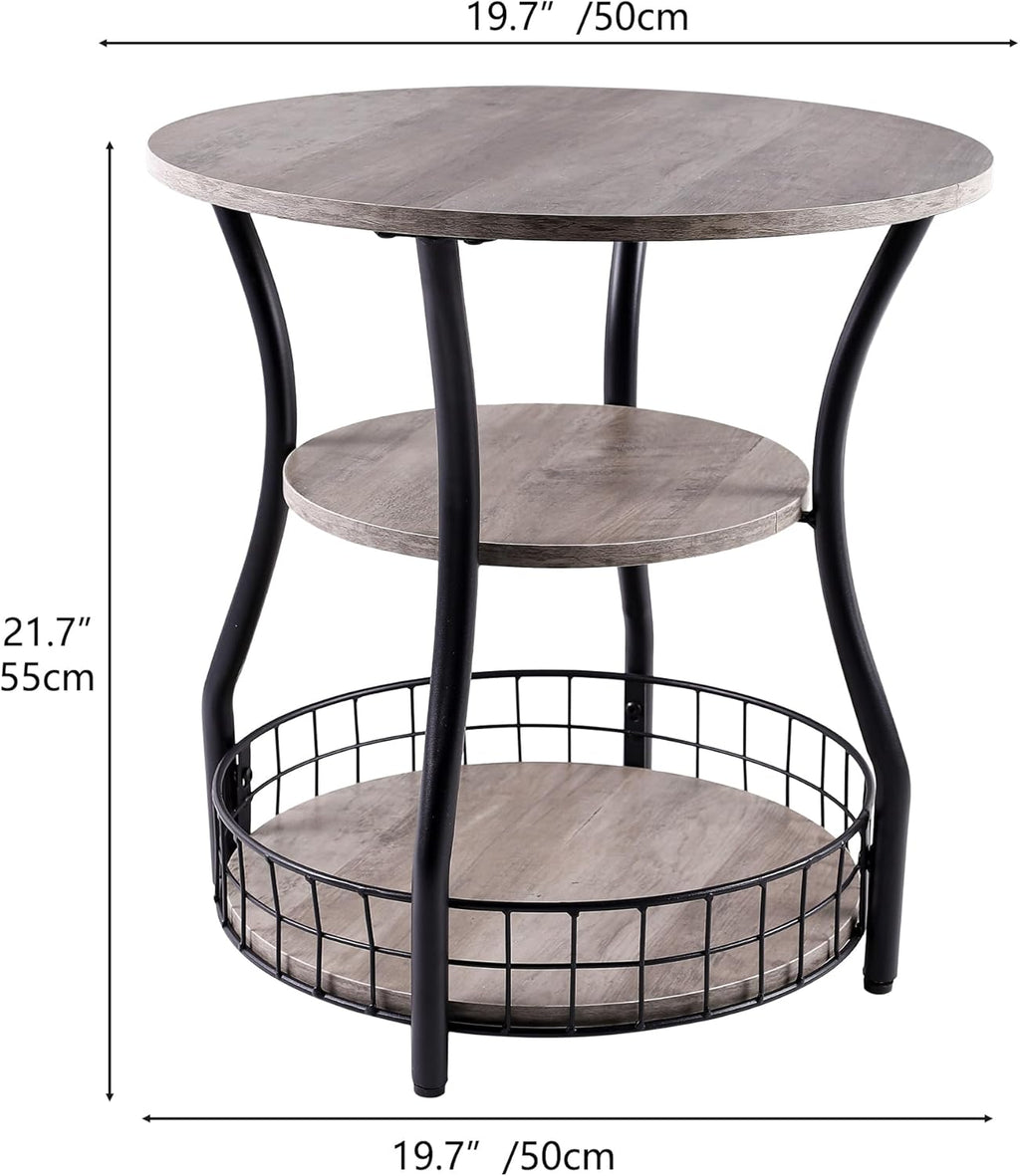 Small Side Table Round End Table with Storage Shelf Basket, 3-Tier Accent Corner Sofa Couch Side Tables Coffee Drink Table for Small Spaces,Round Nightstand for Living Room, Bedroom, Greige