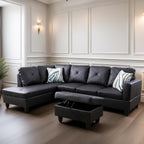 Leather Sectional Couch, Modern L Shaped Couches for Living Room, Comfy 4 Seat Modular Sectional Sofa with Ottoman Storage for Bedroom Apartment, Black