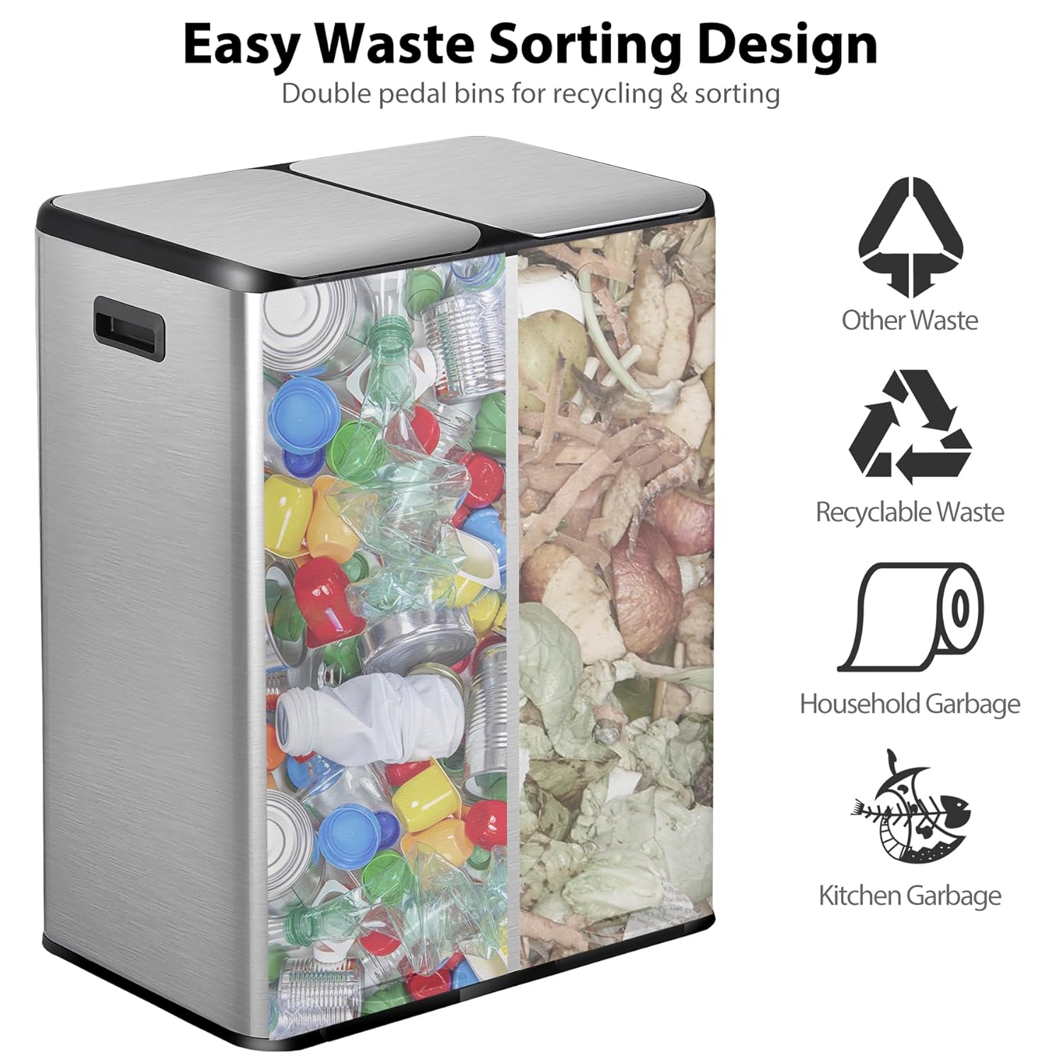 SUPER DEAL Kitchen Trash Can 16 Gallon 60L Dual Stainless Steel Garbage and Recycling Can with Foot Pedal for Kitchen, Living Room, Office, Removable Inner Buckets Soft Close Lid Odor Proof, Silver