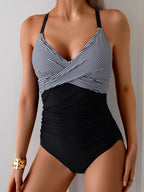 B2prity Women's One Piece Swimsuits Tummy Control Front Cross Bathing Suits Tie Back Slimming V Neck Swimwear Black Stripe/L