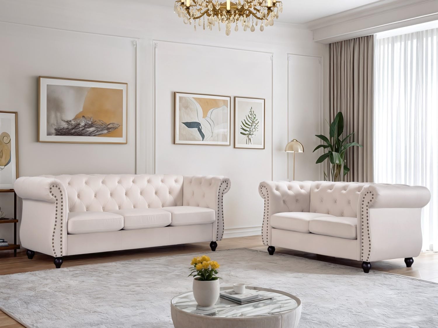 Container Furniture Velvet Chesterfield Couch, Button-Tufted Backrest, Rolled Arms, High-Density Foam with Spring Support, Elegant Accent Piece, Sofa, Dark Blue