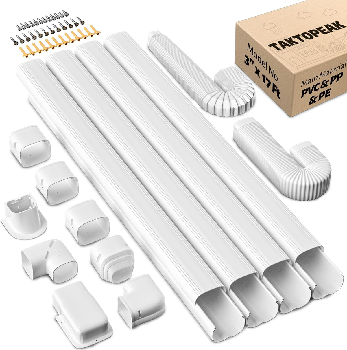 3'' 17 Ft [Quick Installation] PVC Decorative Line Cover Kit for Ductless Mini Split Air Conditioners, Central AC and Heat Pump Systems