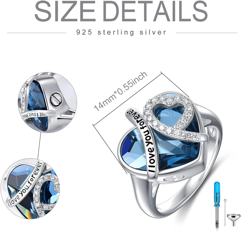 AOBOCO Sterling Silver I LOVE YOU FOREVER Heart Cremation Ring Holds Loved One's Ashes, Heart Urn Ring for Women, Memorial Keepsake Embellished with Austrian Crystals
