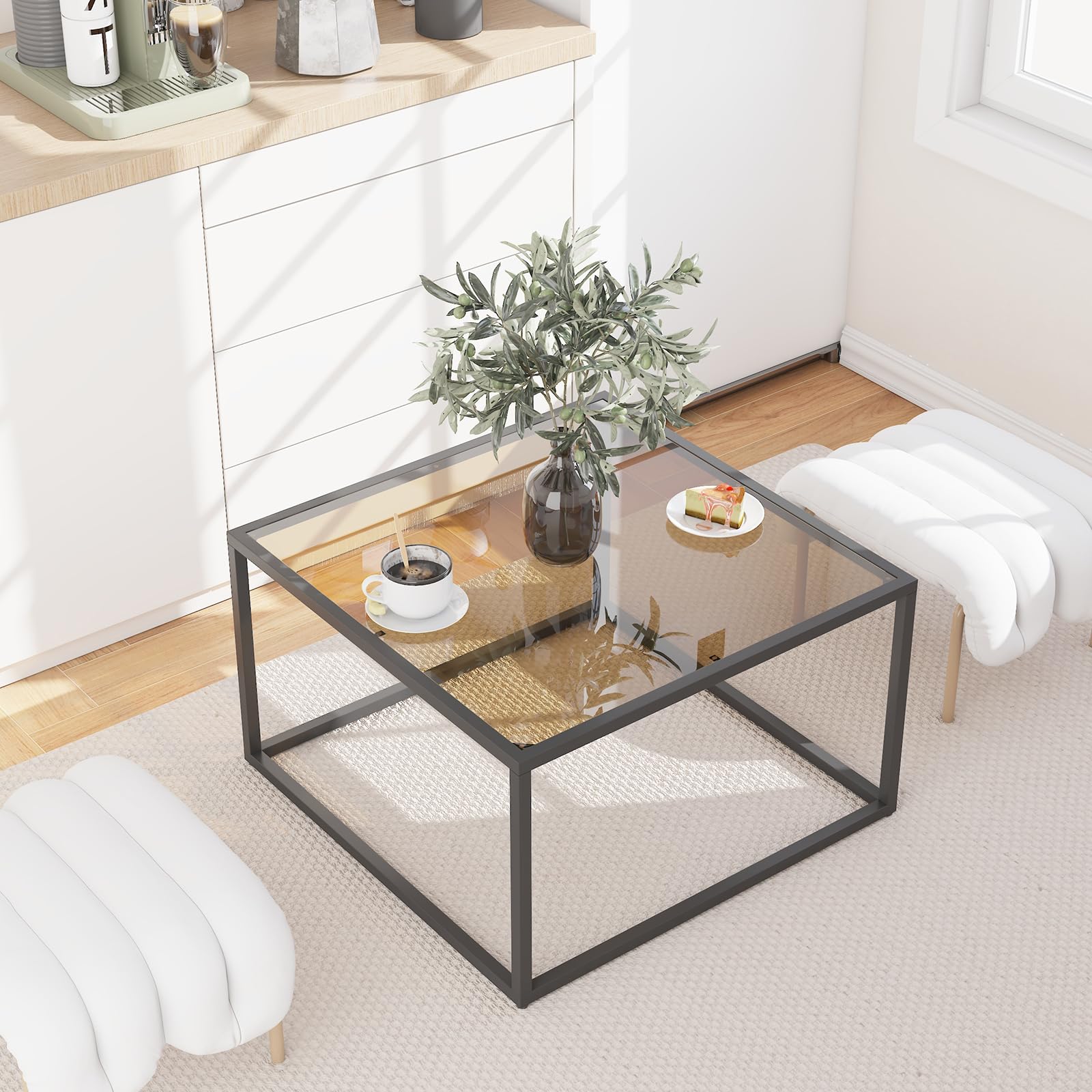 YMYNY Glass Coffee Table, Tempered Glass Square Coffee Tables with Metal Frame, Unique Modern Table for Living Room Home Office 26.77" x 26.77" x 15.75", Black Grey, UHCT001H