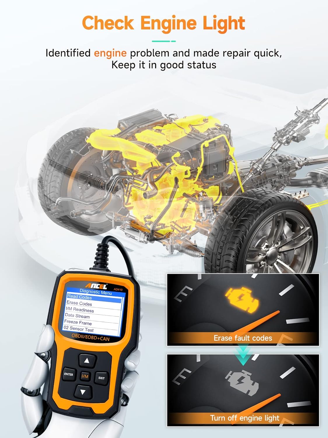 ANCEL AD410 Enhanced OBD2 Scanner, Vehicle Code Reader for Check Engine Light, Automotive OBD II Scanner Fault Diagnosis, OBDII Scan Tool for All OBDII Cars 1996+, Black/Yellow