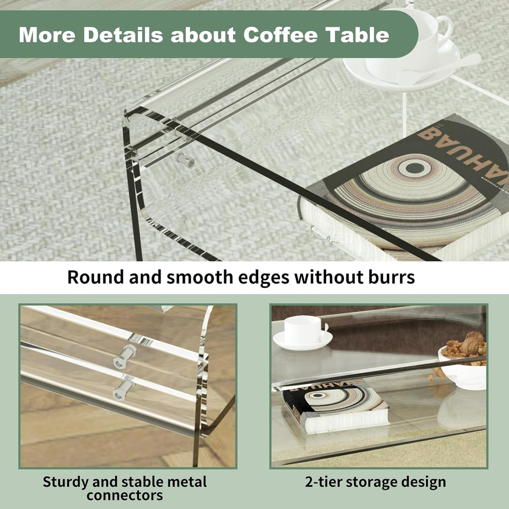 Acrylic Coffee Table, 31.5" Clear Coffee Table with Storage Shelf, Rectangle Centre Table, Modern Coffee Table for Living Room, Office，31.5" L x 15.8" W x 15" H