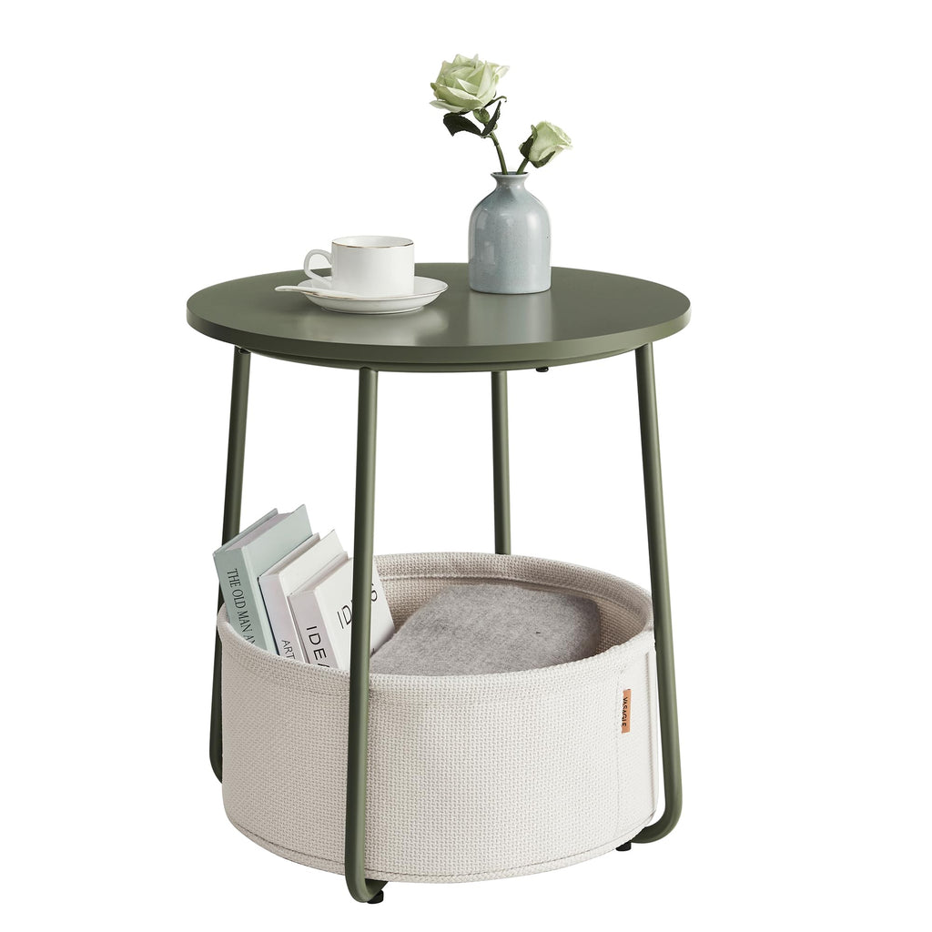 VASAGLE Small Round Side End Table, Modern Nightstand with Fabric Basket, Matte White and Camel Brown ULET223W10