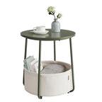 VASAGLE Small Round Side End Table, Modern Nightstand with Fabric Basket, Matte White and Camel Brown ULET223W10