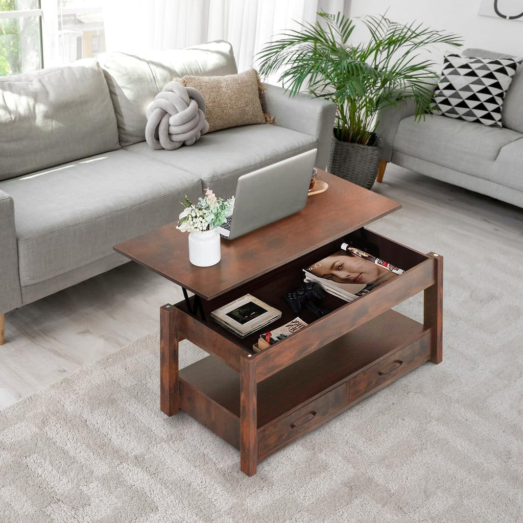 Lift Top Coffee Table with Hidden Compartment & 2 Storage Shelves - Living Room Dining Table with Rising Tabletop Lifttop Desk for Apartment, Home, Condo - Rustic Brown