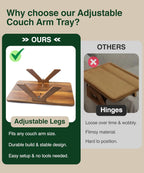 Acacia Couch Arm Tray/Mini Table – 2 in 1 Couch arm Table (15.3” x 9.8” x 4”), Adjustable Legs (up to 8.8”), 360° Rotating Phone Holder, Wire Holder, Non-Slip Mat – Couch Tray to Keep Snacks, Coffee