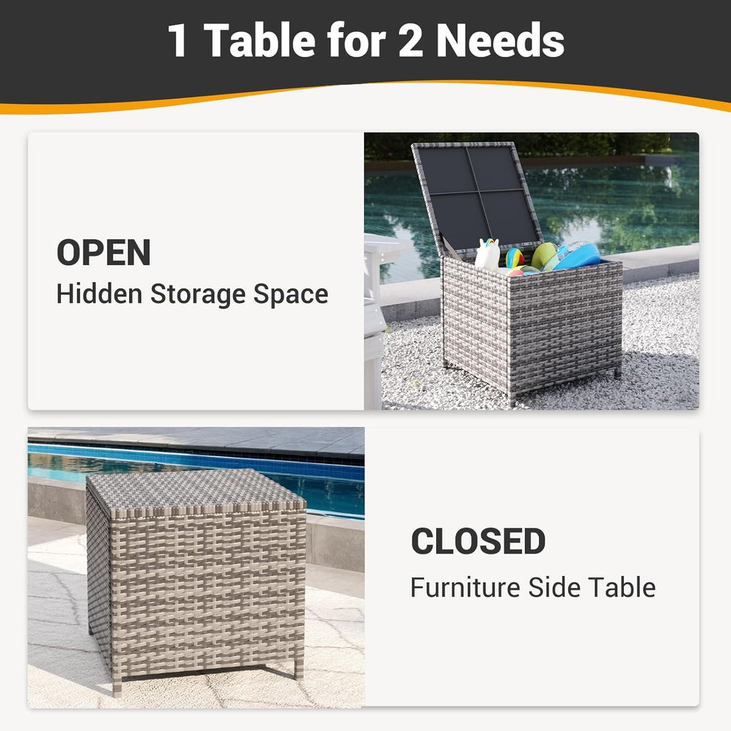 UDPATIO Outdoor Wicker Side Table with Storage Patio Rattan End Table Small Resin Square Container Coffee Table Backyard Pool for Furniture Covers, Toys and Gardening Tools (Grey)