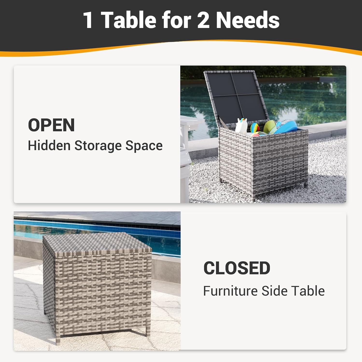 UDPATIO Outdoor Wicker Side Table with Storage Patio Rattan End Table Small Resin Square Container Coffee Table Backyard Pool for Furniture Covers, Toys and Gardening Tools (Grey)