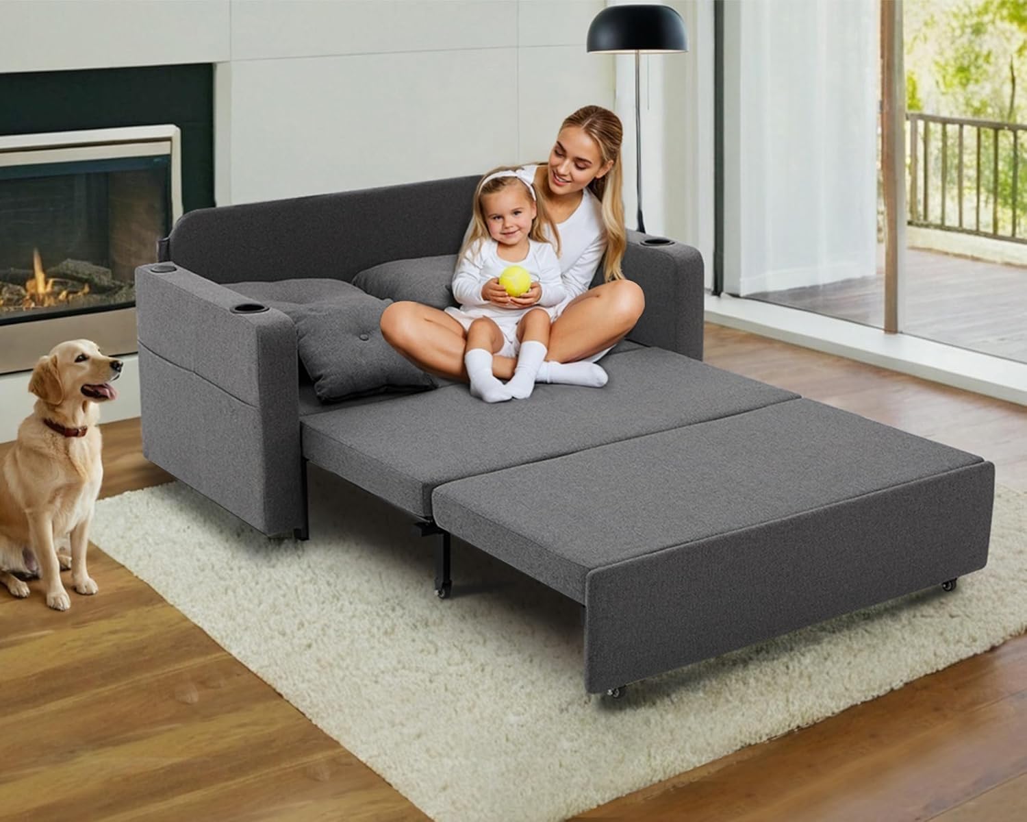 3 in 1 Sofa Bed, 56 Inch Convertible Pull Out Couch, Loveseat Sleeper Sofa with Cup Holders, USB, Sofa Couches for Living Room, Bedroom, Apartment, Dark Grey