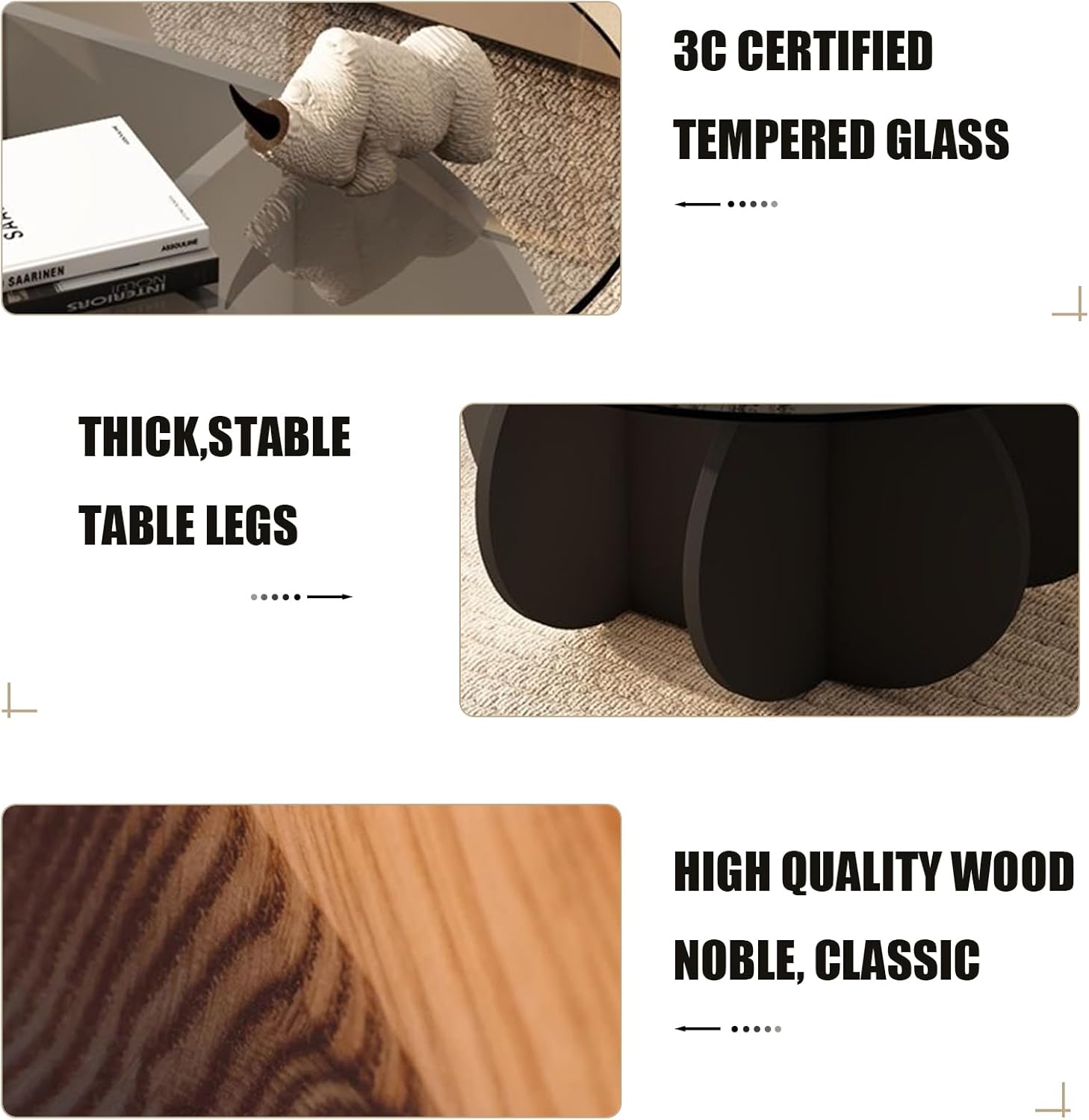 Black Coffee Table, 31.5" Round Glass Coffee Table for Living Room Mid Century Modern Coffee Table Unique Circle Center Table with Wood Base