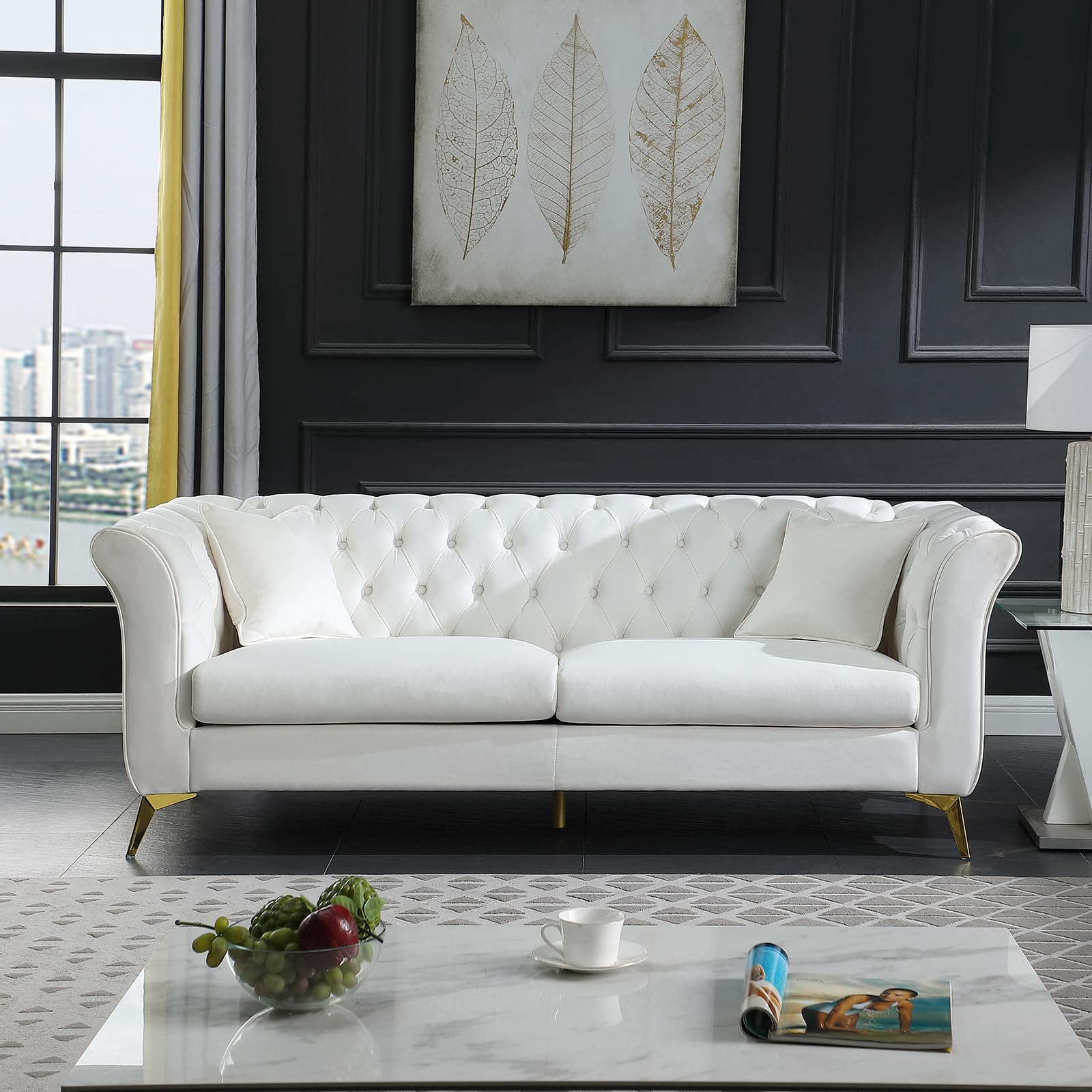 Chesterfield Sofa Couch, 87" Blue Modern Couch with Deep Seats, Velvet Fabric Comfy Sofas, Mid-Century 3 Seater Couch with Wide Armrest, Couches for Living Room, Bedroom and Office