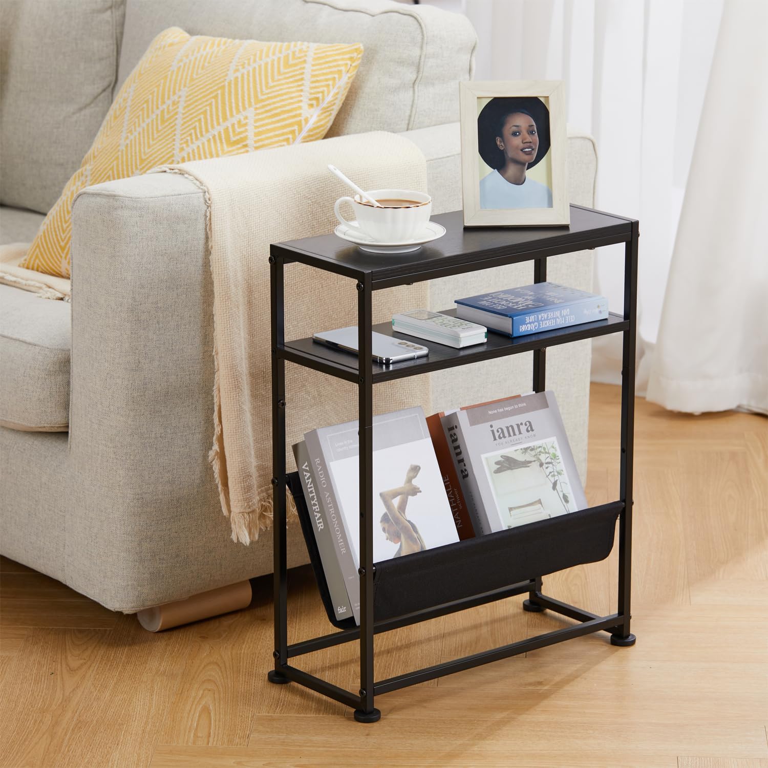 Narrow End Table for Small Spaces - Slim Side Table with Magazine Holder,2 in 1 Design Narrow Coffee Table Living Room,Skinny Bedroom Nightstand Thin Side Magazine Table,Black
