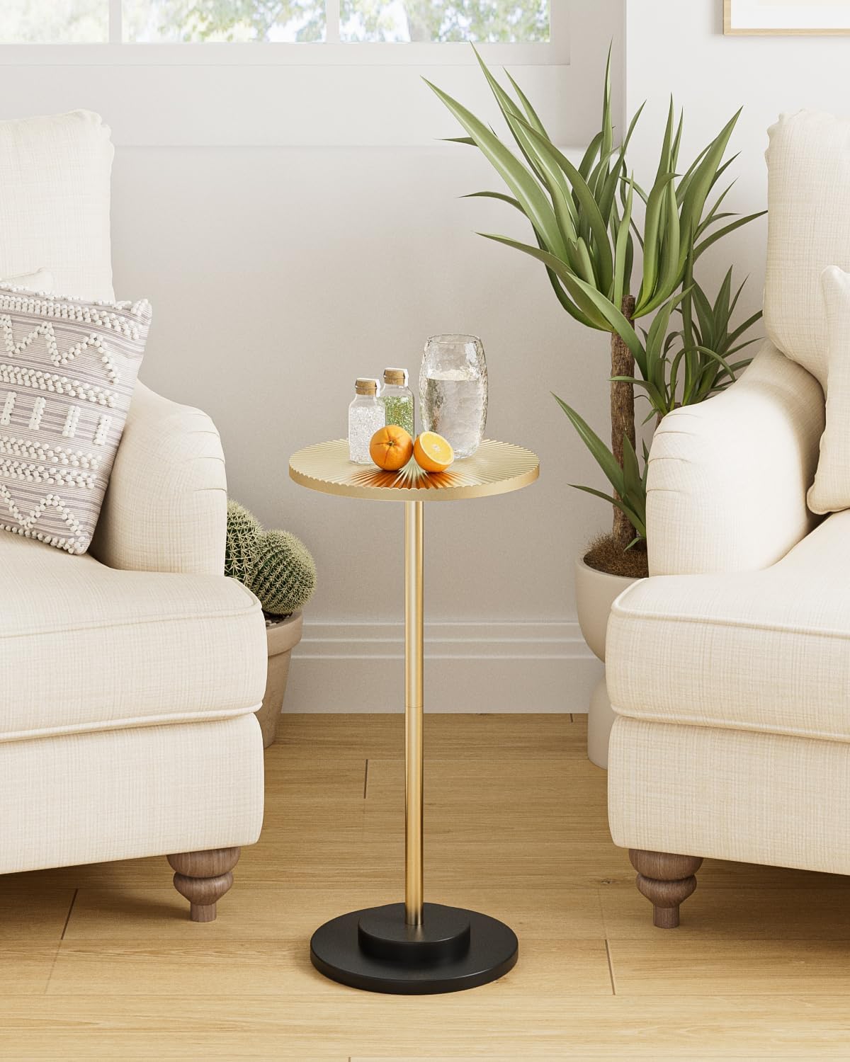 Round Side Table, Small Drink Table for Small Spaces, Modern Accent End Table Coffee Table with Metal Leg for Living Room, Bedroom, Corners, and Office (Gold)
