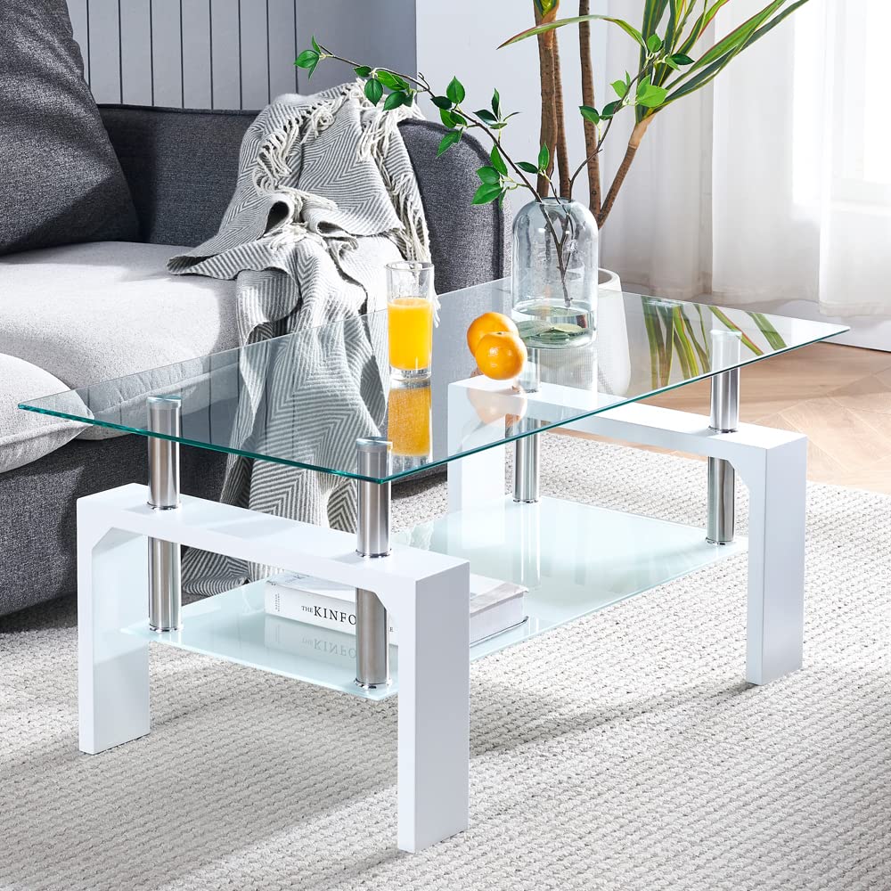 Btrpily Living Room Rectangle Coffee Table, Tea Table Suitable for Waiting Room, Modern Side Coffee Table with Wooden Leg, Glass Tabletop with Lower Shelf, 39.5D x 23.5W x 17.5H in, Black