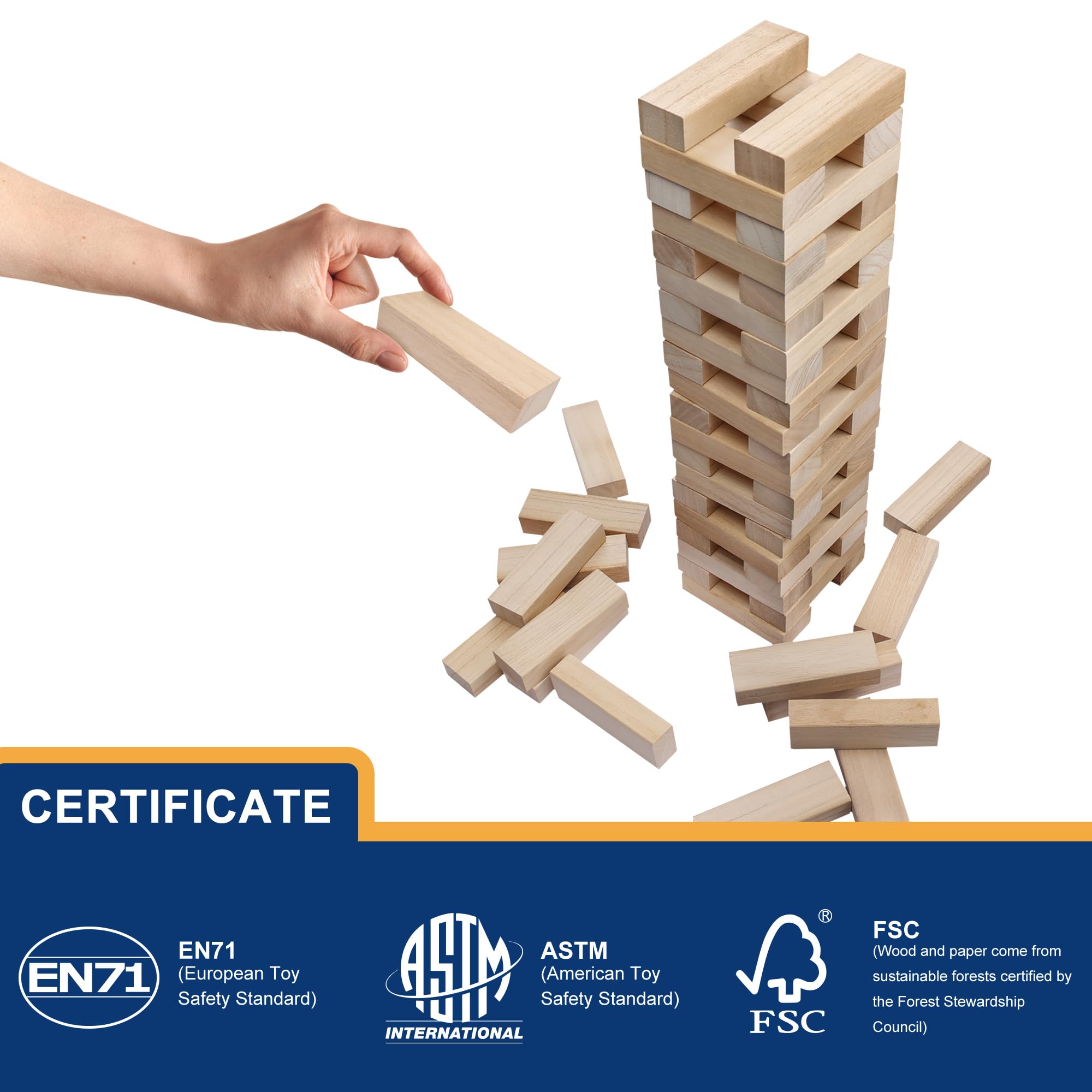 Offelec Tumbling Tower Blocks Games,Large Wooden Blocks Stacking Game for Kids Adults Family Classic Stacking Board Games for Indoor Outdoor Backyard Lawn Stack to Over 3.2Ft- 60pcs with Carrying Bag