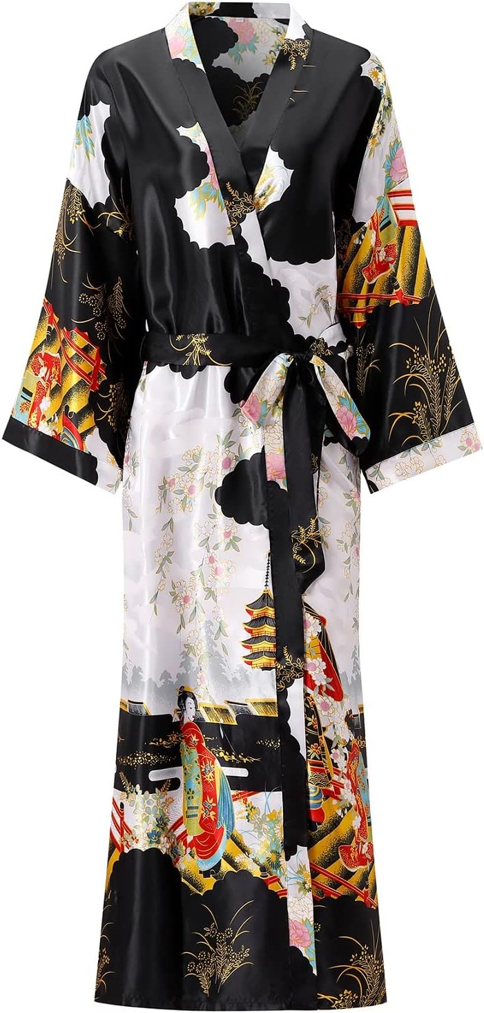 Women's Floral Long Satin Robes Plus Size Long Silk Robes Peacock Floral Kimonos Sleepwear Dressing Gown