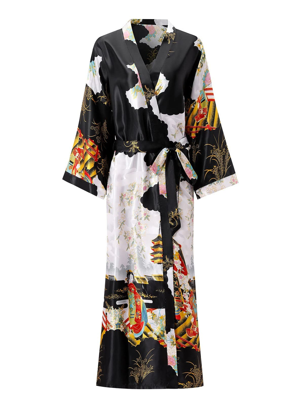 Women's Floral Long Satin Robes Plus Size Long Silk Robes Peacock Floral Kimonos Sleepwear Dressing Gown