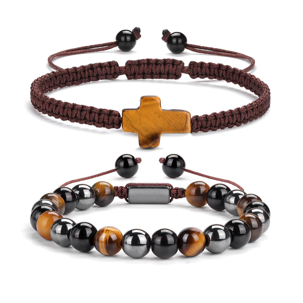 2 pcs Cross Beaded Bracelets for Men,8mm Black Obsidian Tiger eyes Hematite Mens Triple Protection Bracelet Set Fathers Day Birthday Jewelry Gifts