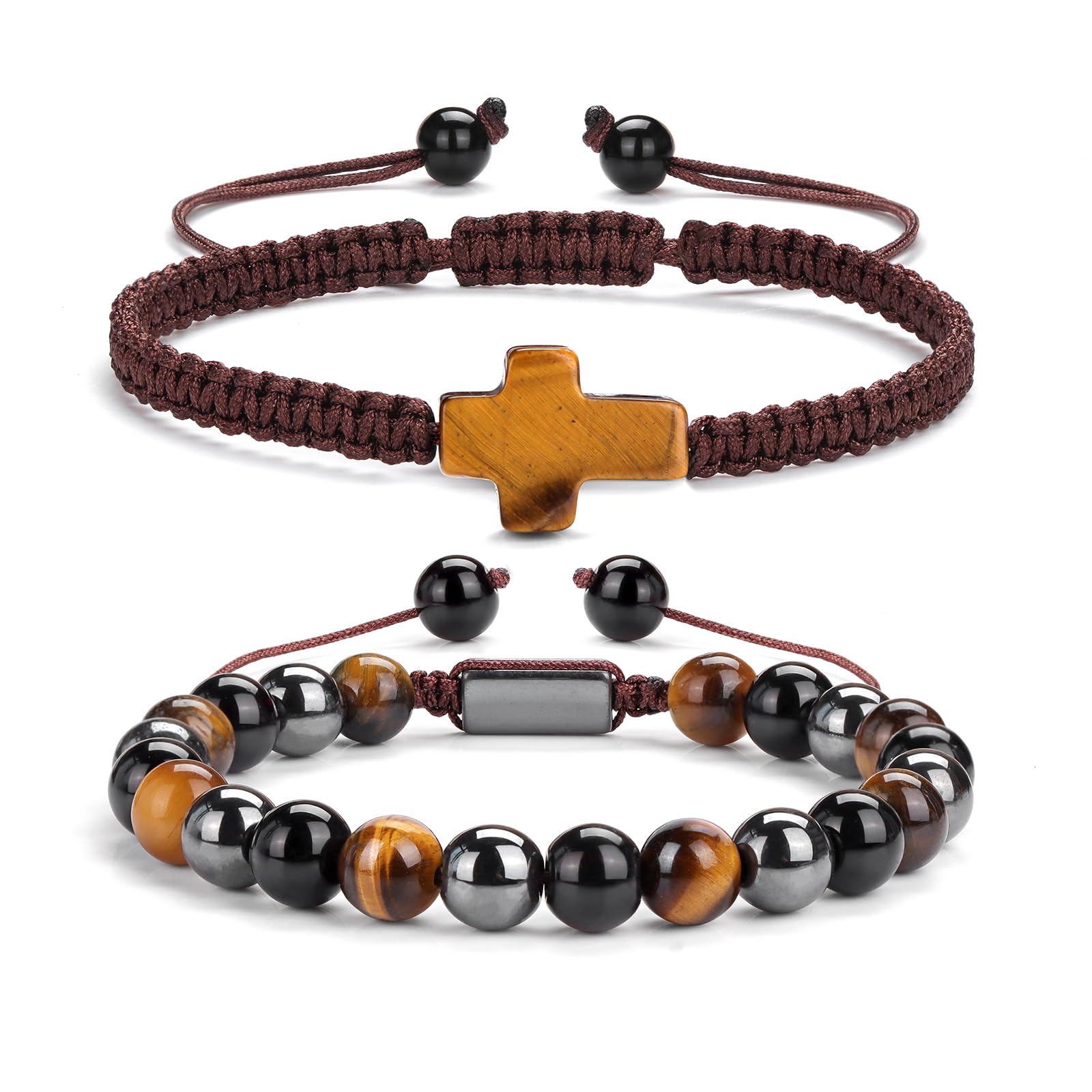 2 pcs Cross Beaded Bracelets for Men,8mm Black Obsidian Tiger eyes Hematite Mens Triple Protection Bracelet Set Fathers Day Birthday Jewelry Gifts