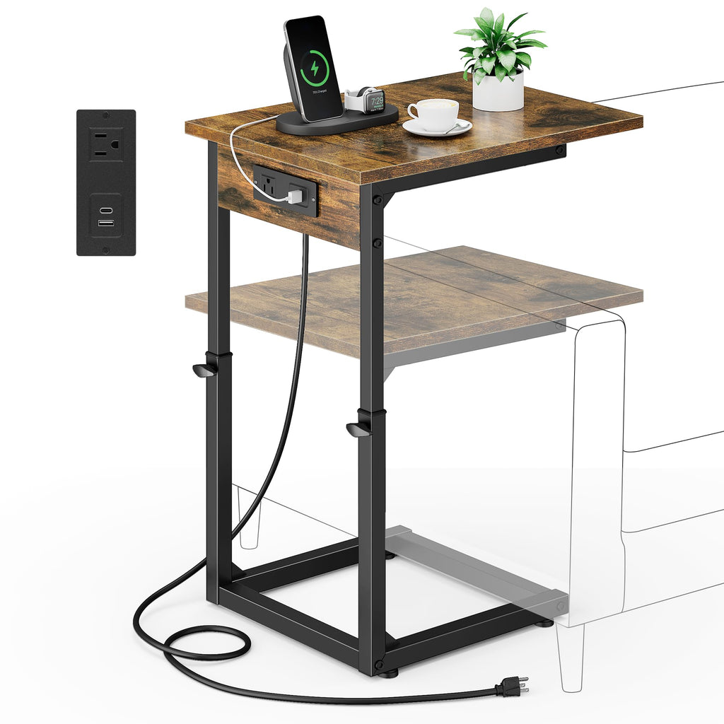 Vagusicc C Shaped End Table, 33" Tall Couch Table Adjustable Height Side Table, Sofa Table That Slide Under, C Table End Table TV Tray Coffee Arm Table for Living Room, Bedroom, Small Spaces, Brown