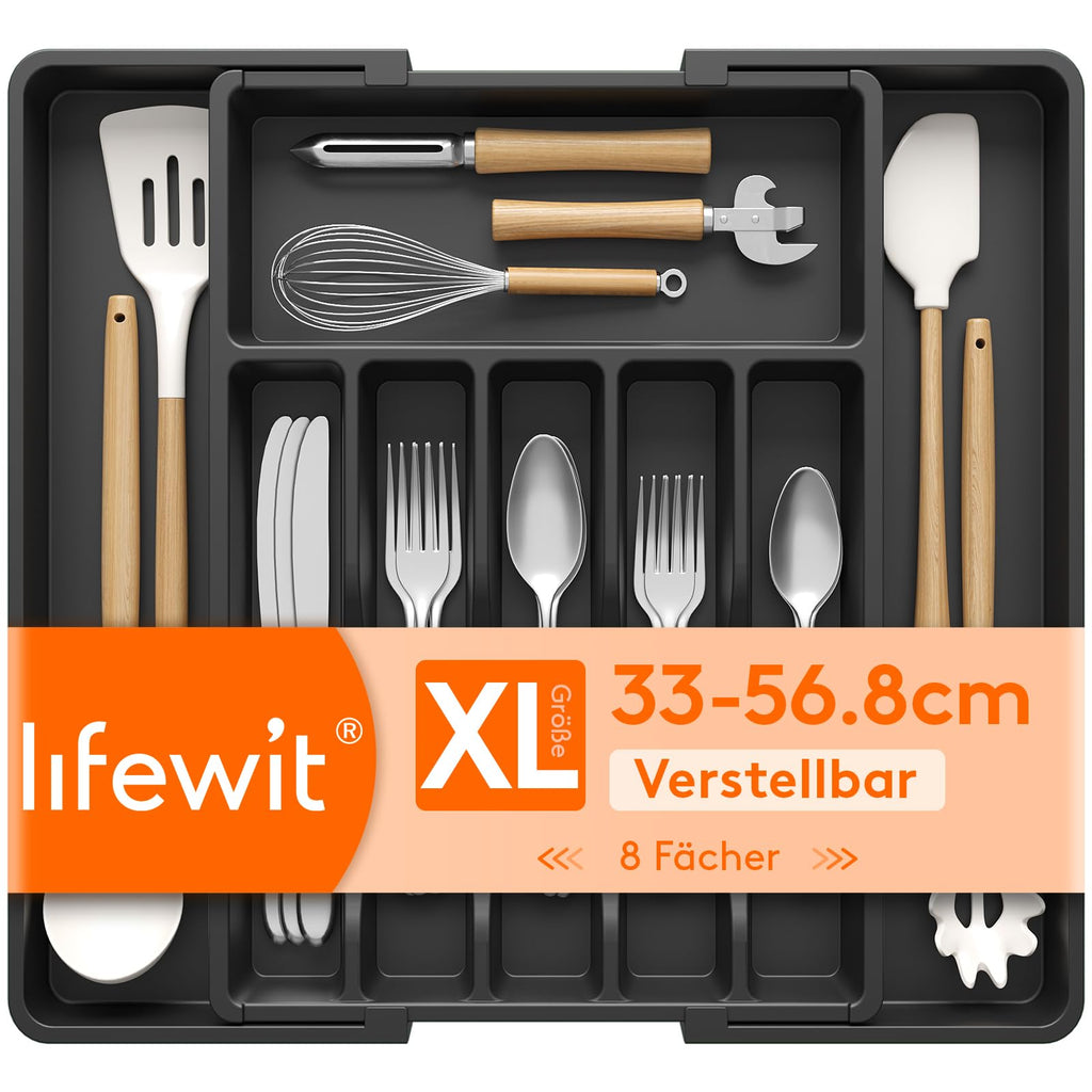 Lifewit Silverware Drawer Organizer, Expandable Utensil Tray for Kitchen, BPA Free Flatware and Cutlery Holder, Adjustable Plastic Storage for Spoons Forks Knives, 8.5-14 x 12", Black