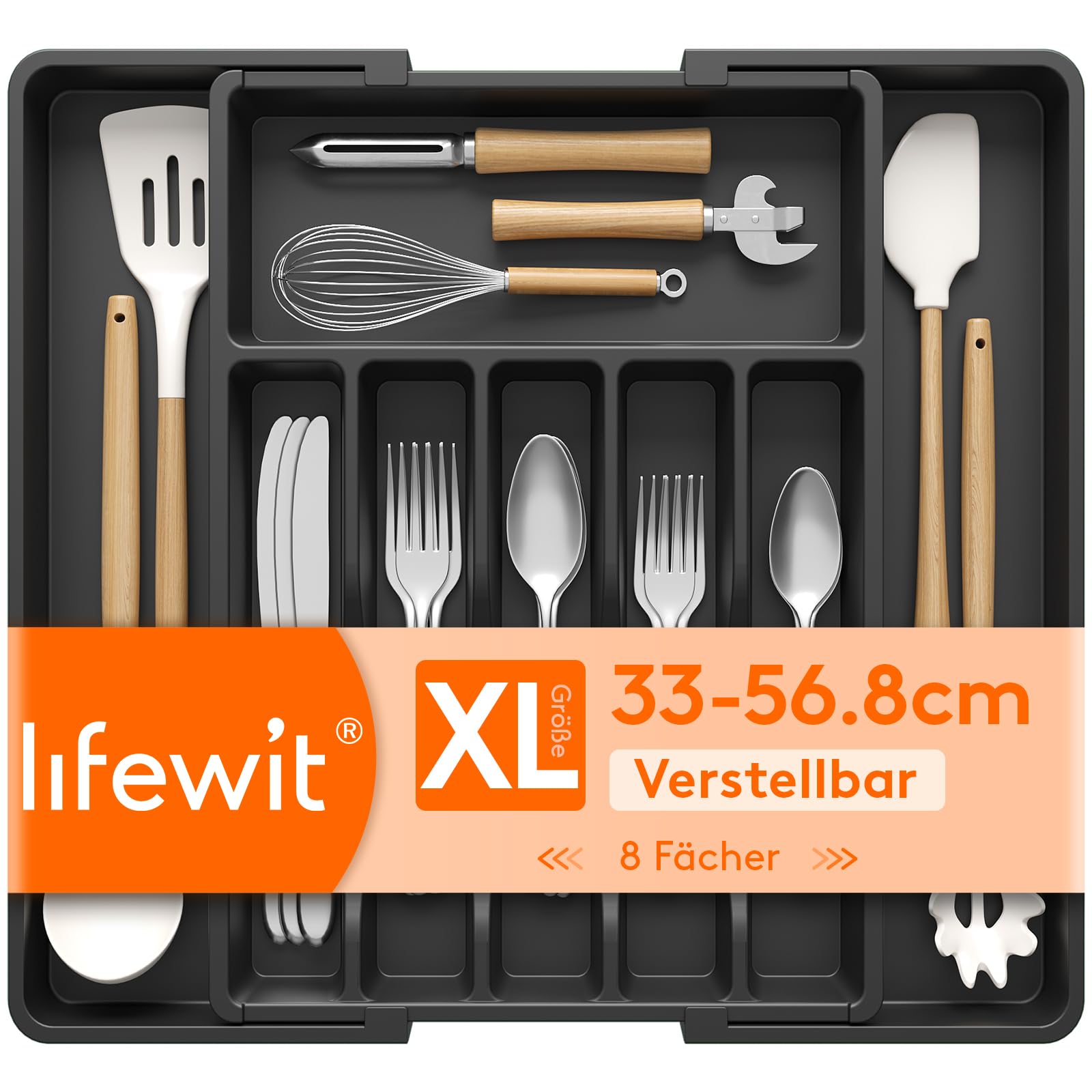 Lifewit Silverware Drawer Organizer, Expandable Utensil Tray for Kitchen, BPA Free Flatware and Cutlery Holder, Adjustable Plastic Storage for Spoons Forks Knives, 8.5-14 x 12", Black