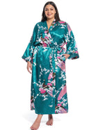 Women's Floral Long Satin Robes Plus Size Long Silk Robes Peacock Floral Kimonos Sleepwear Dressing Gown