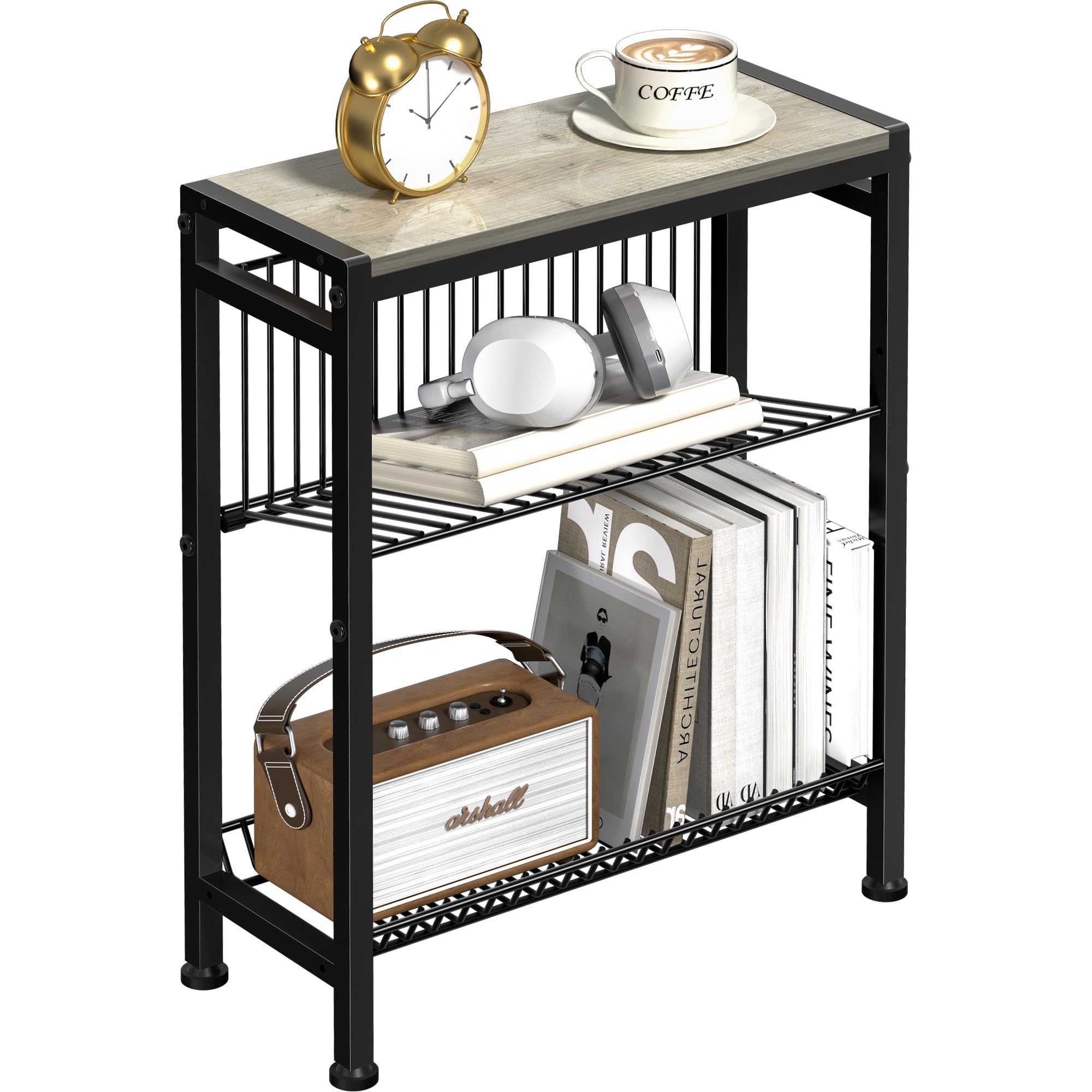 Small Side Table for Small Space, 3-Tier Narrow End Table with Magazine Holder,Slim Nightstand, Skinny Snack Couch Table in Living Room, Bedroom Study and Balcony (Rustic Brown &Black)