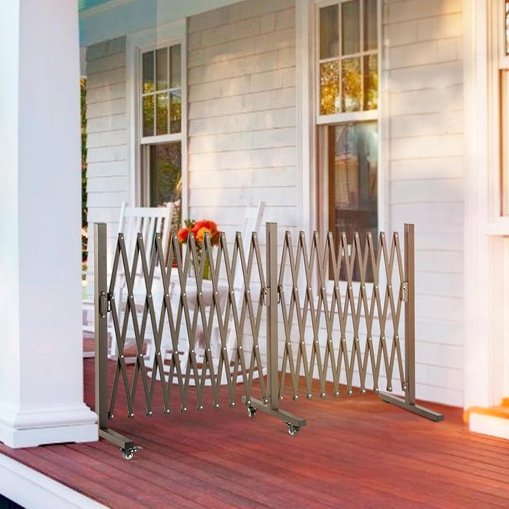 TECSPACE Aluminum Expandable Garden Fence, Portable Barricade Gate with Casters, Adjustable Retractable Fence Mobile Barricade Safety Barrier (Brown, 201×15×41 inch)