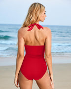 SUUKSESS Women Sexy Tummy Control One Piece Swimsuits Halter Push Up Monokini Bathing Suits (Red, L)