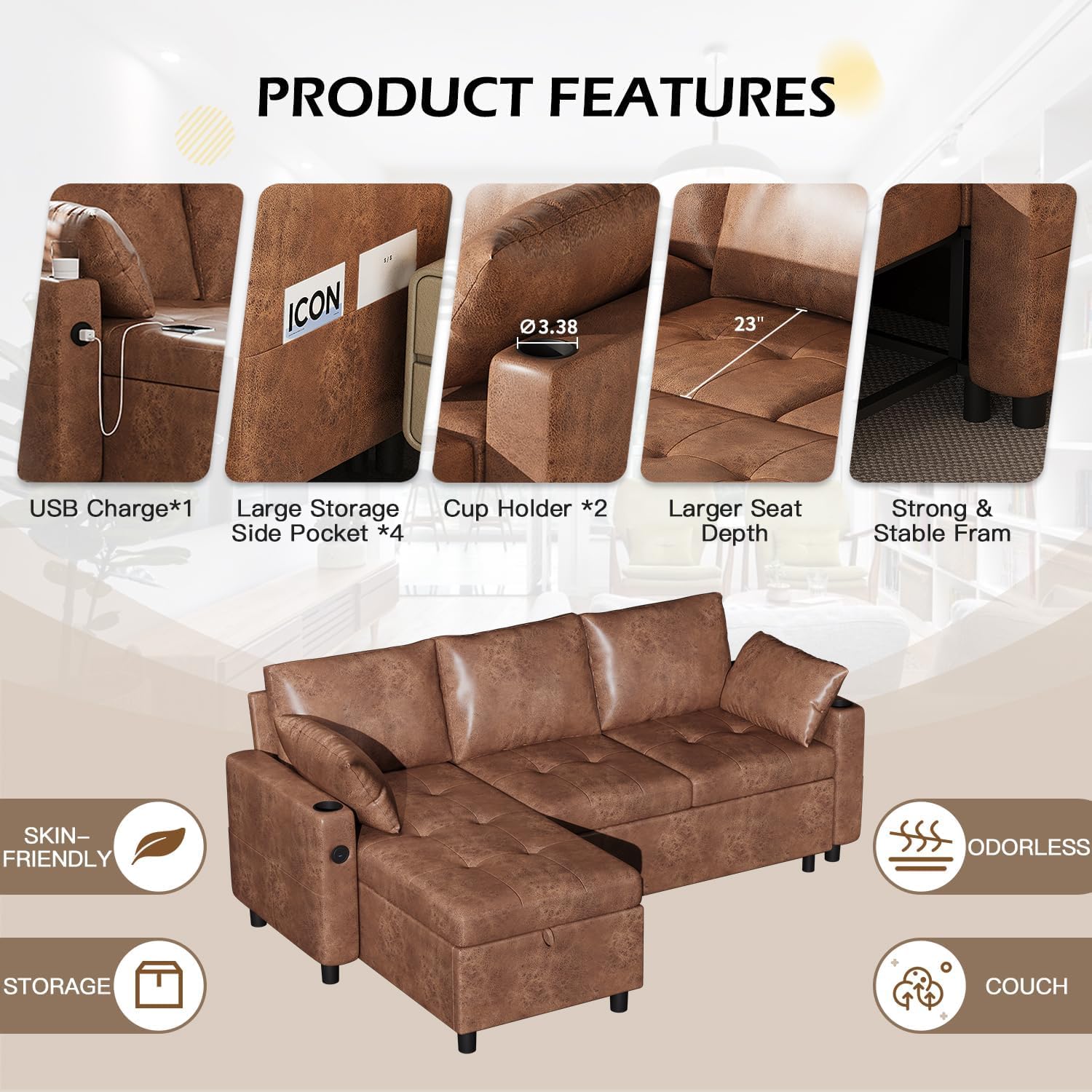 Leather Sleeper Sofa Couch with Pullout Bed, 83.5'' Sofa Bed Pull Out Couch with Reversible Storage Chaise, Sectional Couches with USB Charging Ports&Cup Holders for Living Room, Brown