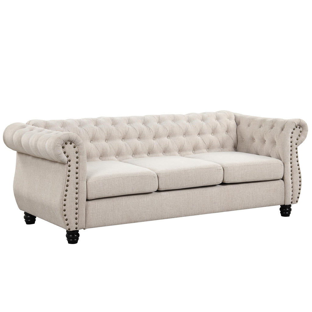 Morden Fort 2 Piece Classic Chesterfield 5-Seater Set, Tufted Loveseat & Sofa Furniture Solid Wood Legs Thick Cushion, Pet-Friendly Couch Set for Living Room Bedroom Apartment, Linen Beige