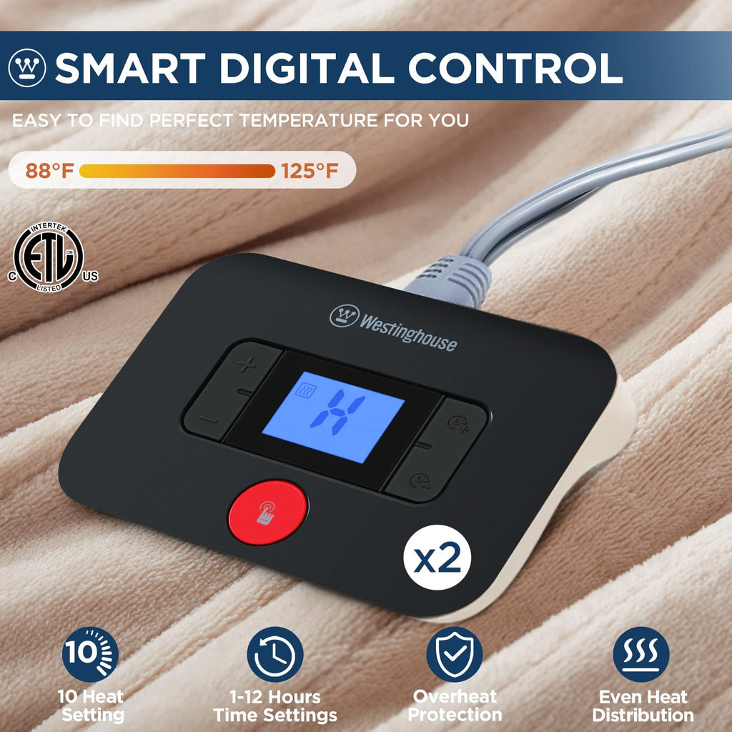 Manta eléctrica Westinghouse tamaño Queen, franela súper suave y acogedora 84" x 90" manta calefactable con 10 niveles de calentamiento rápido y apagado automático de 1-12 horas, lavable a máquina, certificación ETL y FCC, beige