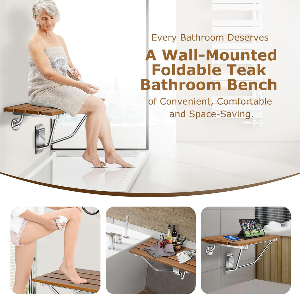 Wall-Mounted Folding Shower Seat 28" with Stainless Steel Bracket, Enhanced Structural Stability, 500 lb Capacity, Space-Saving, Suitable for The Elderly, Disabled, Pregnant Individuals, Children.