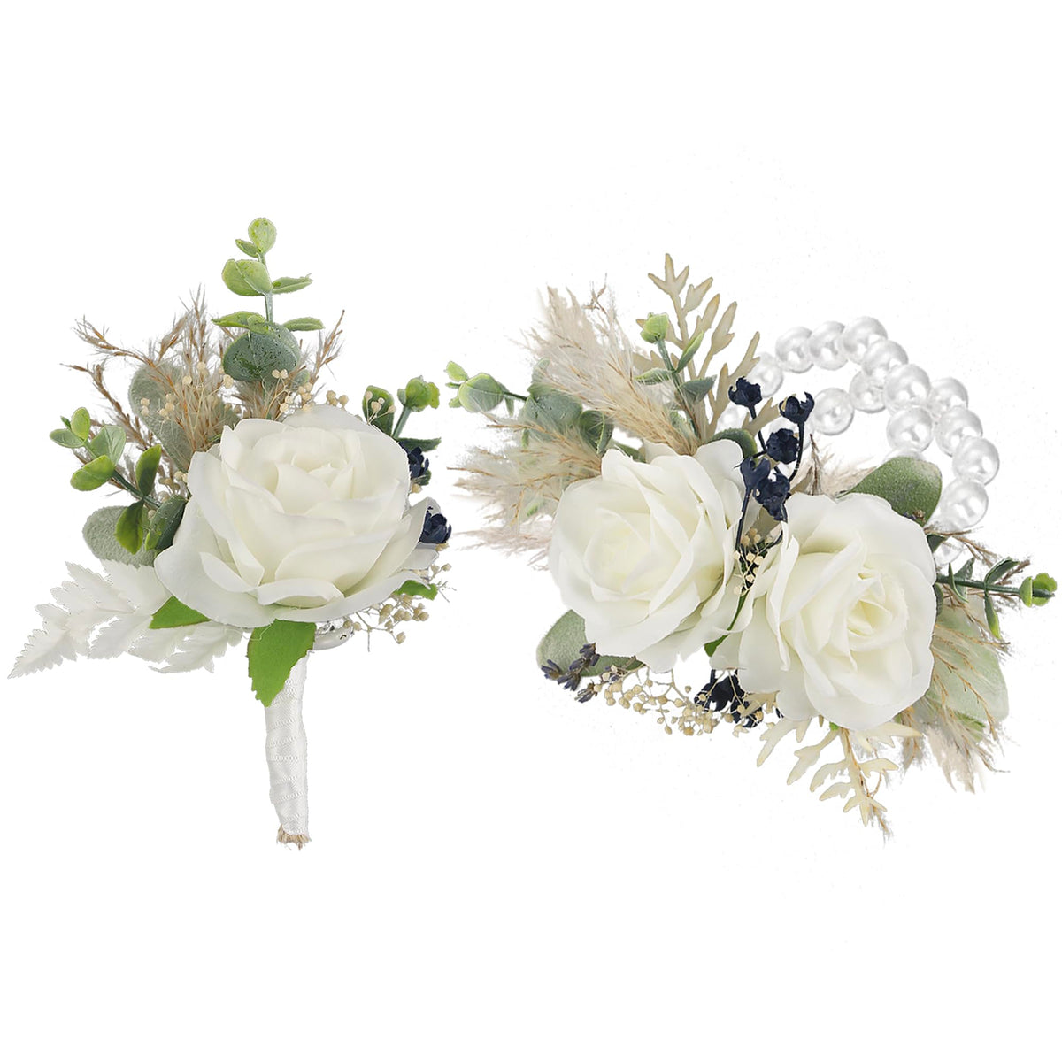 Rinlong Corsage and Boutonniere Set Corsages Wristlet Groom Sage White Rose Flower Boutonniere for Men Wedding Homecoming Corsage for Prom