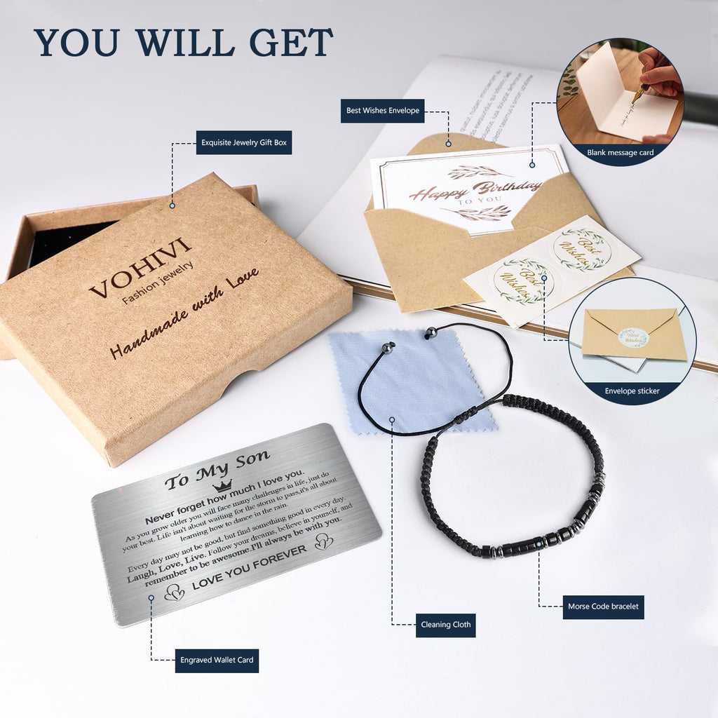 VOHIVI To My Son Bracelet from Mom,Morse Code Bracelets with Engraved Wallet Card,Adjustable Handmade Mens Beaded Bracelets easter basket stuffers