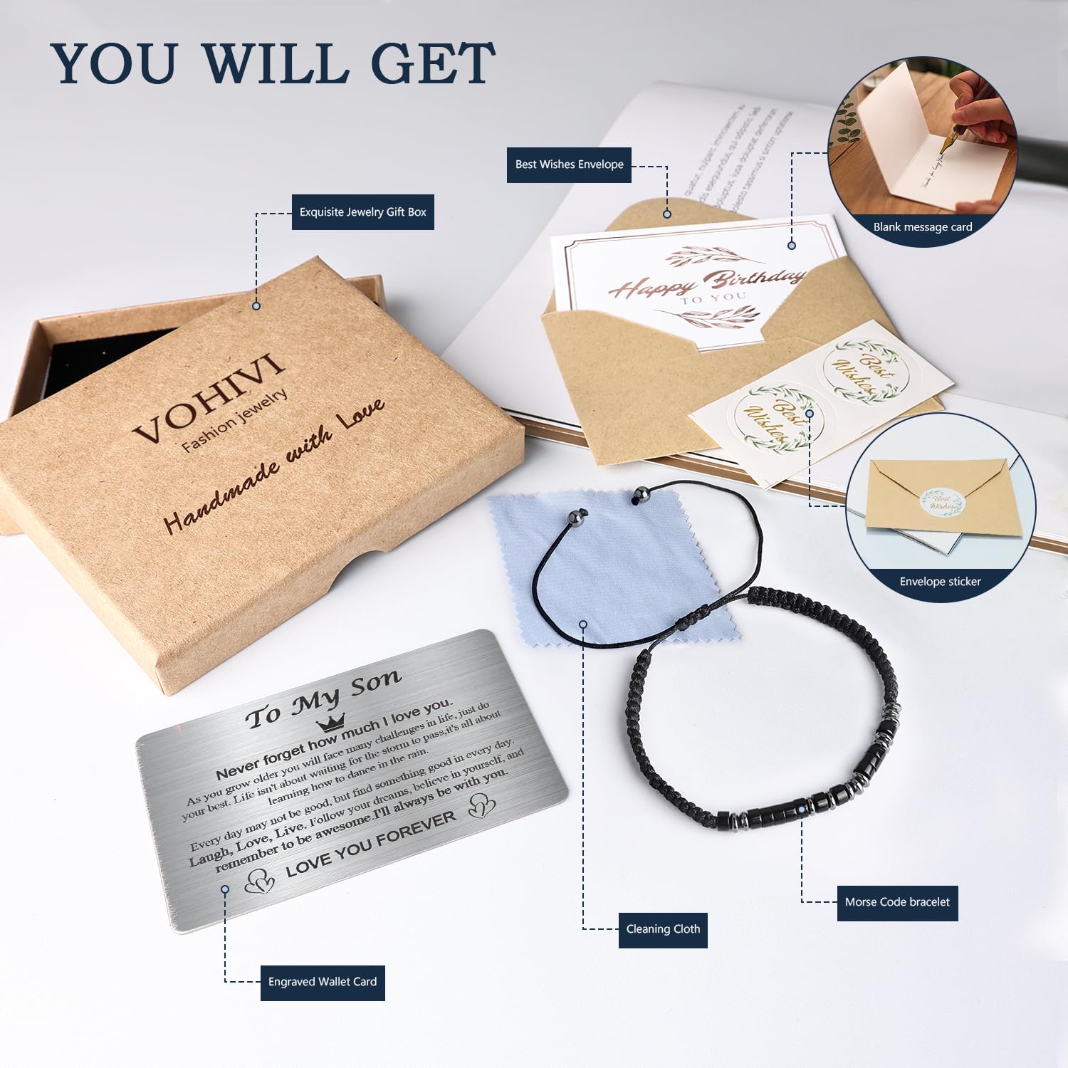 VOHIVI To My Son Bracelet from Mom,Morse Code Bracelets with Engraved Wallet Card,Adjustable Handmade Mens Beaded Bracelets easter basket stuffers