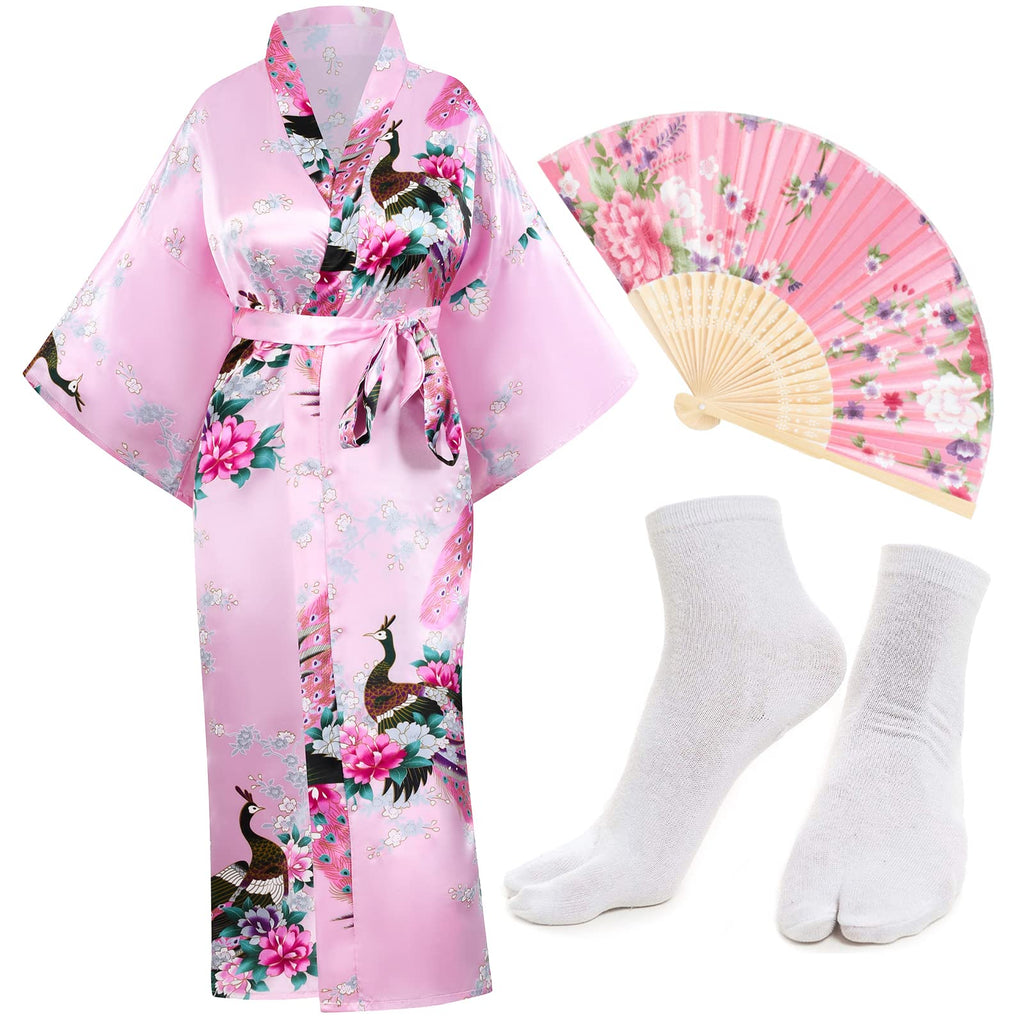 Heone Kimono Satin Peacock Printed Lightweight Cardigan Jacket Coat Yukata Cloak Bathrobe Tops folding Fans Tabi Socks Set