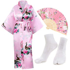 Heone Kimono Satin Peacock Printed Lightweight Cardigan Jacket Coat Yukata Cloak Bathrobe Tops folding Fans Tabi Socks Set