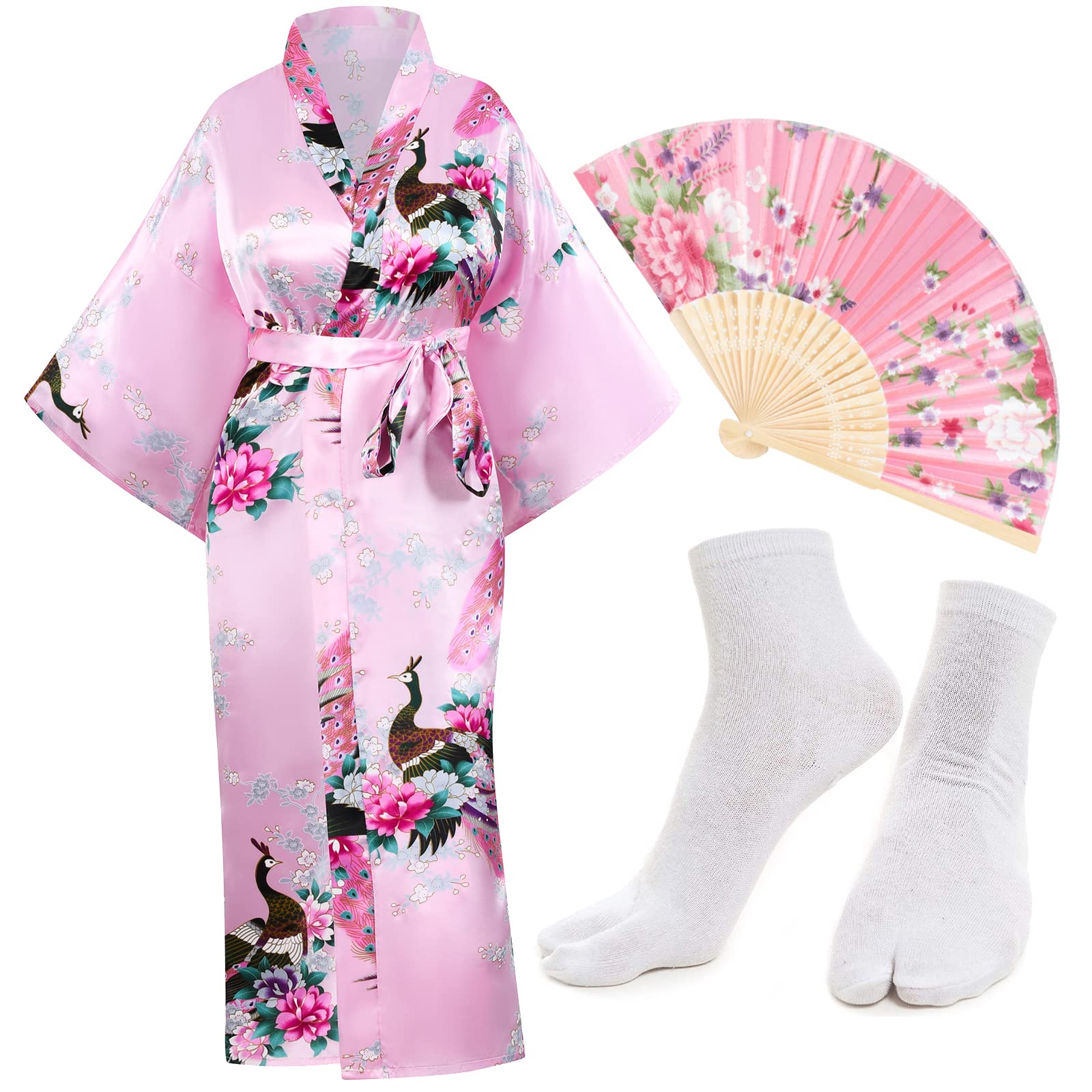 Heone Kimono Satin Peacock Printed Lightweight Cardigan Jacket Coat Yukata Cloak Bathrobe Tops folding Fans Tabi Socks Set